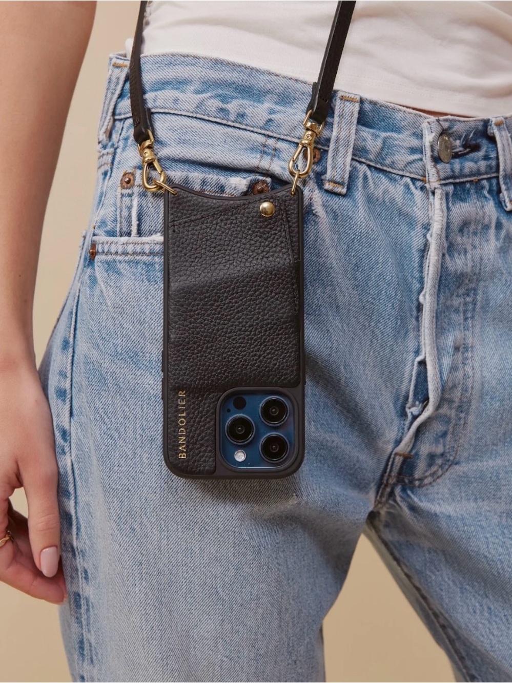 Bandolier Black Pebble Leather Crossbody Phone Case, Gold Hardware, 13 pro max